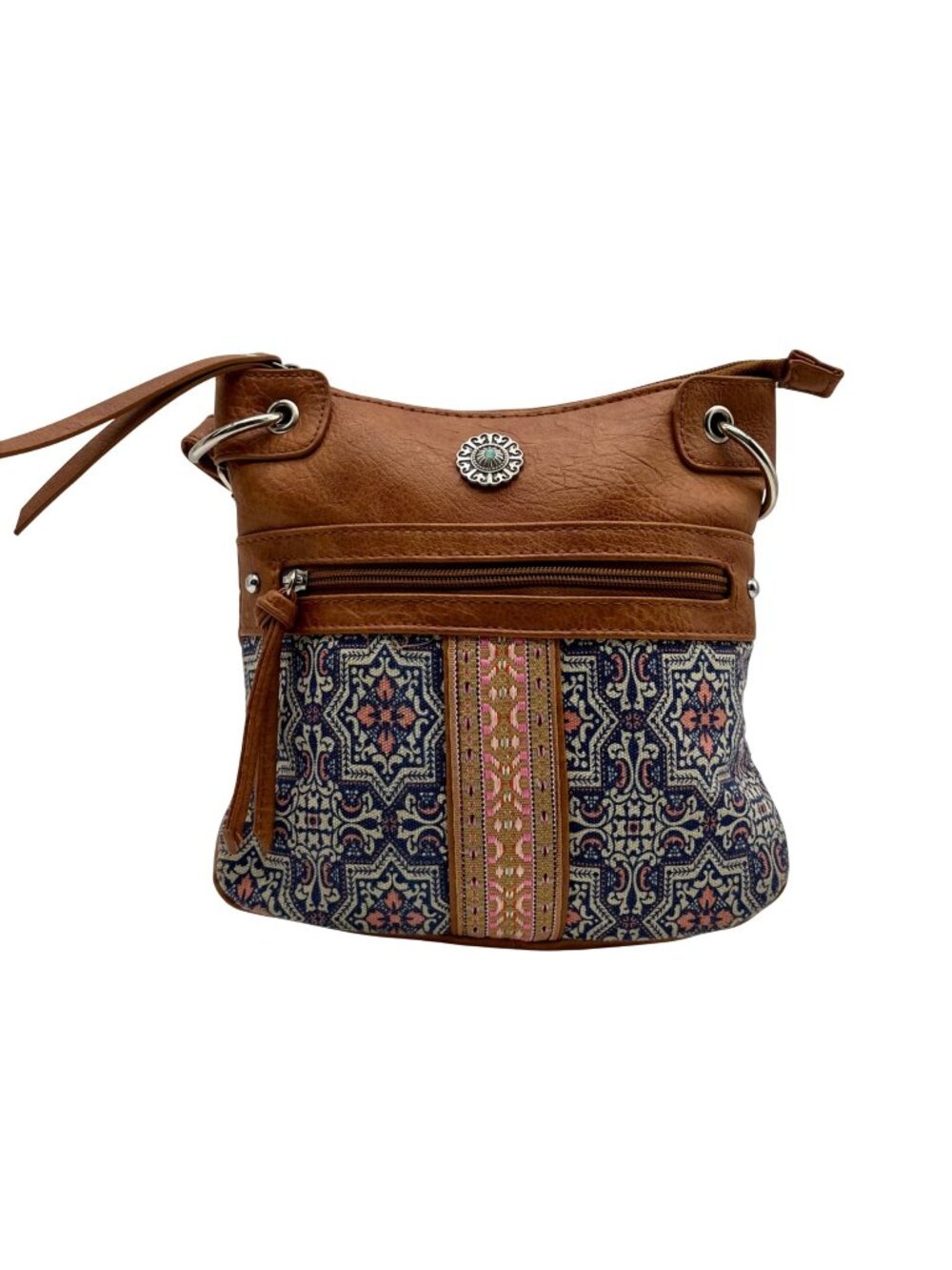 Unbranded Brown Faux Leather And Tapestry Crossbody